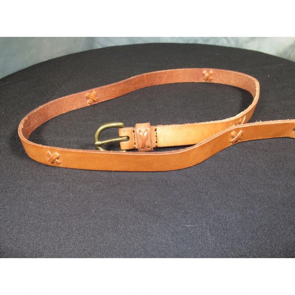 American Living Womens Cognac Brown Genuine Leather Cross Stitch Skinny Belt Lg